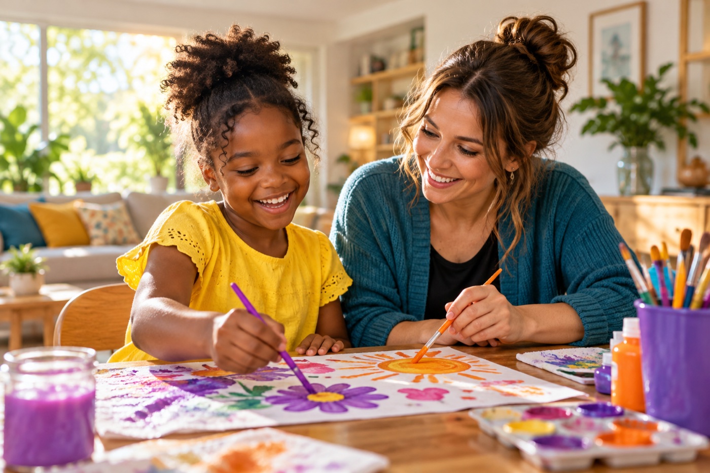 A child and support professional painting together at home